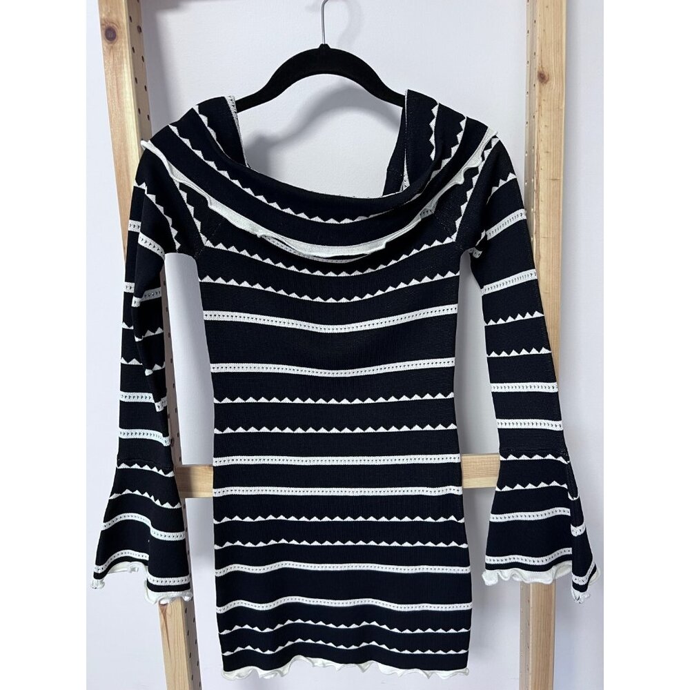 Ale by Alessandra Off Shoulder Bell Sleeve Stripe Dress Black/White ( S )